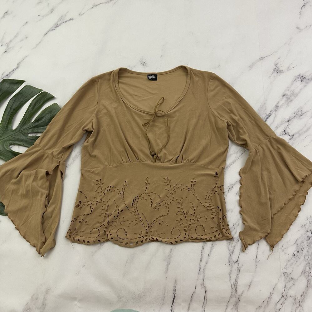 Styles Womens Vintage Y2k Bell Sleeve Top Size M Brown Peasant Floral Cutout